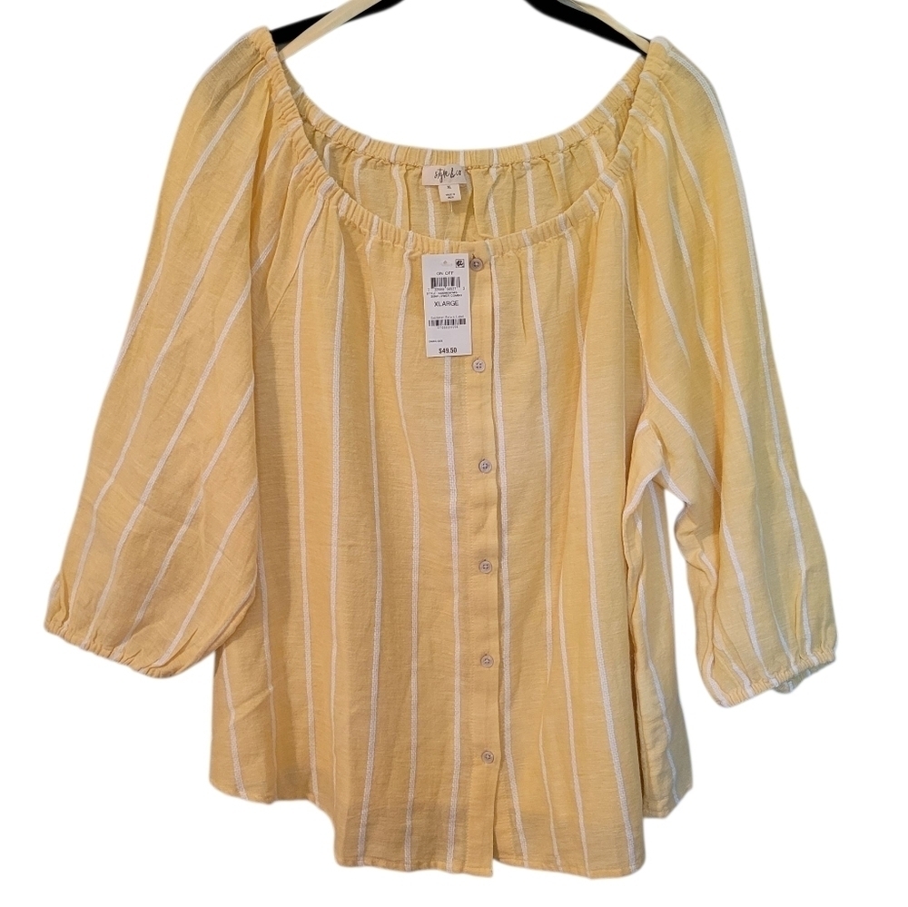 Style&Co Sunflower Yellow White Striped On Off Shoulder Button-up Blouse Top XL